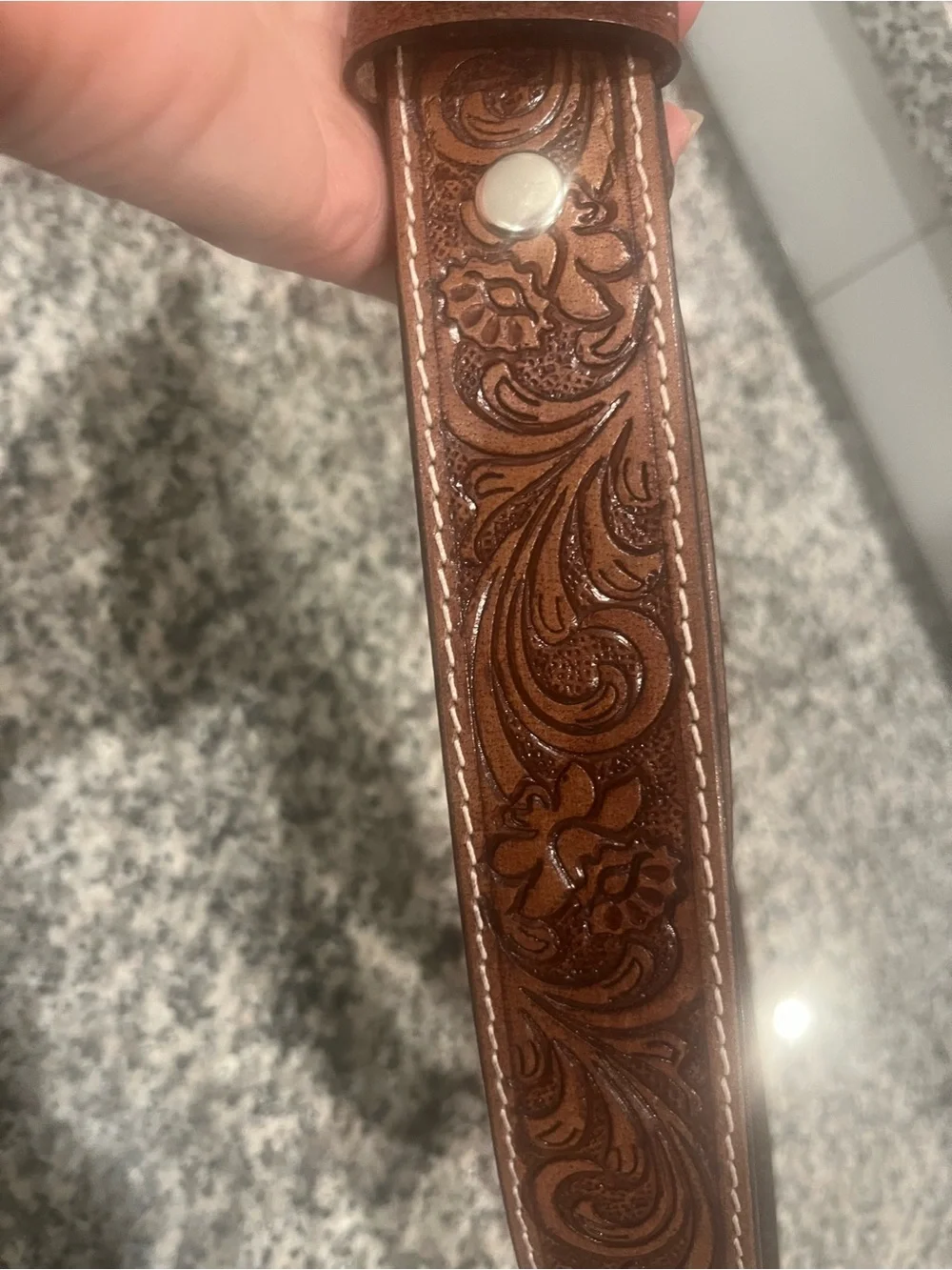 Men's Brown Tooled Leather Belt with Floral Scroll Pattern